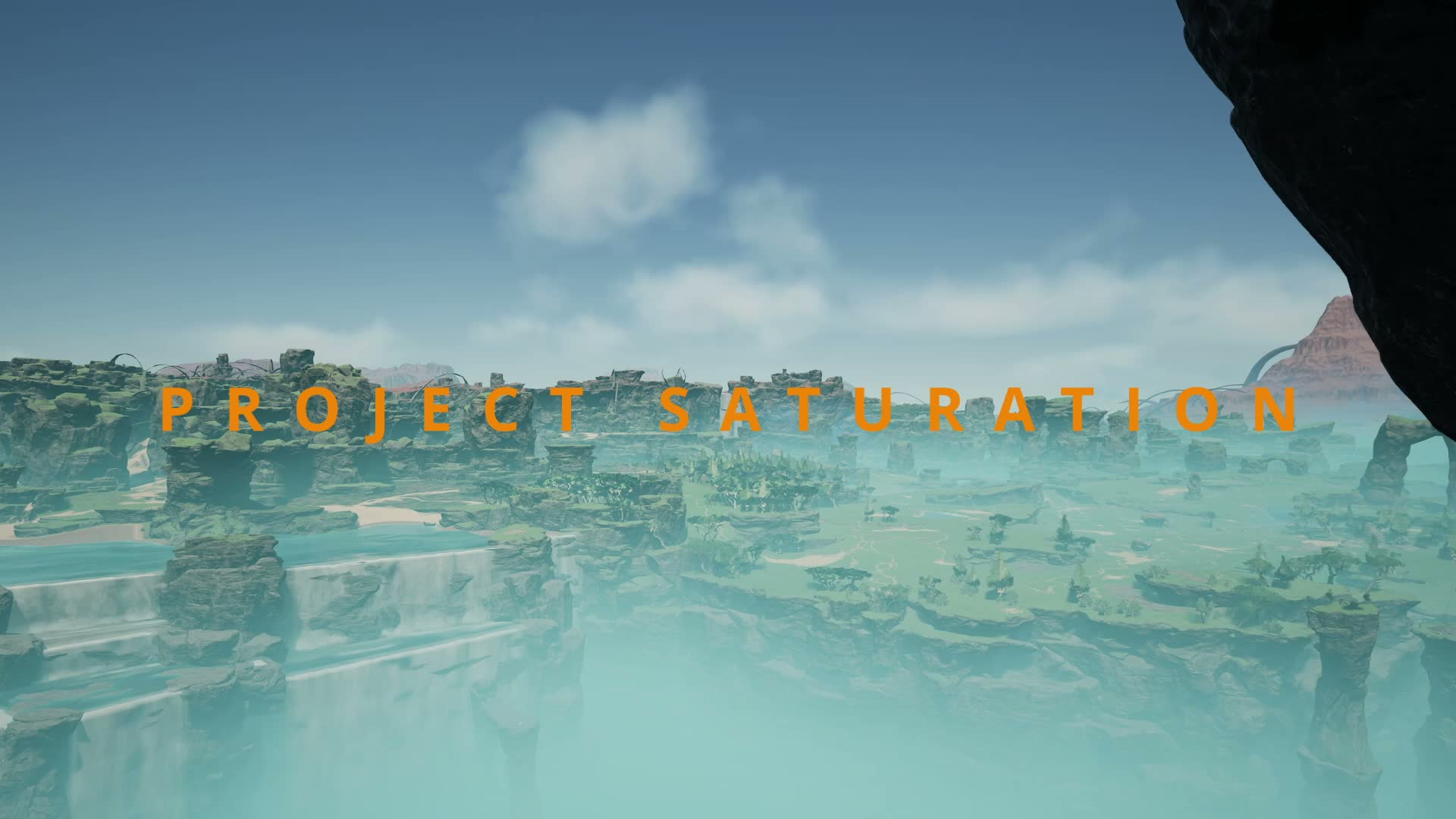 Project Saturation: a sweeping view across a mist-filled alien canyon